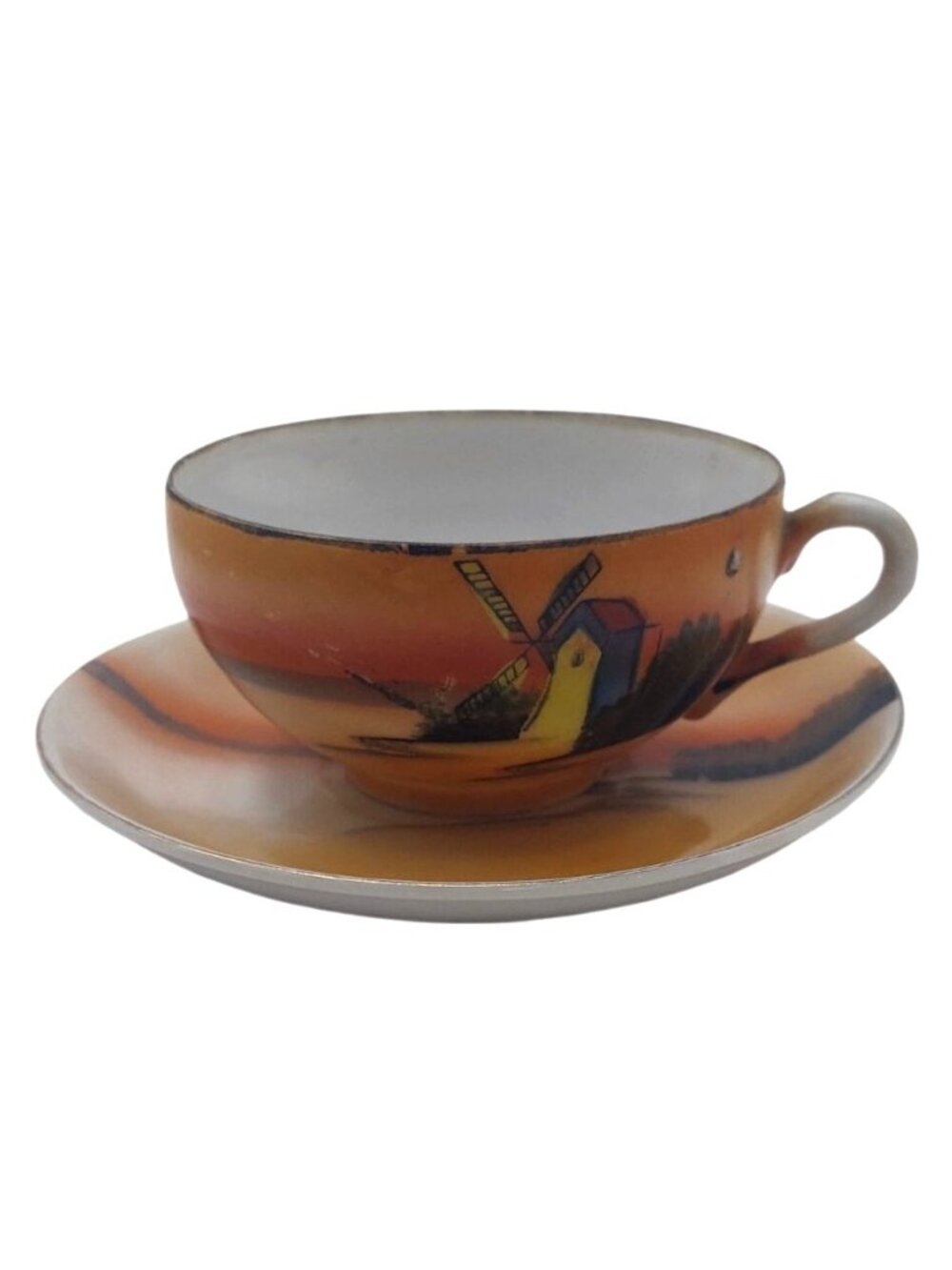 Porcelain Tea Cup Saucer Hand Painted Windmill Chikaramachi Japan CHK10 Vintage